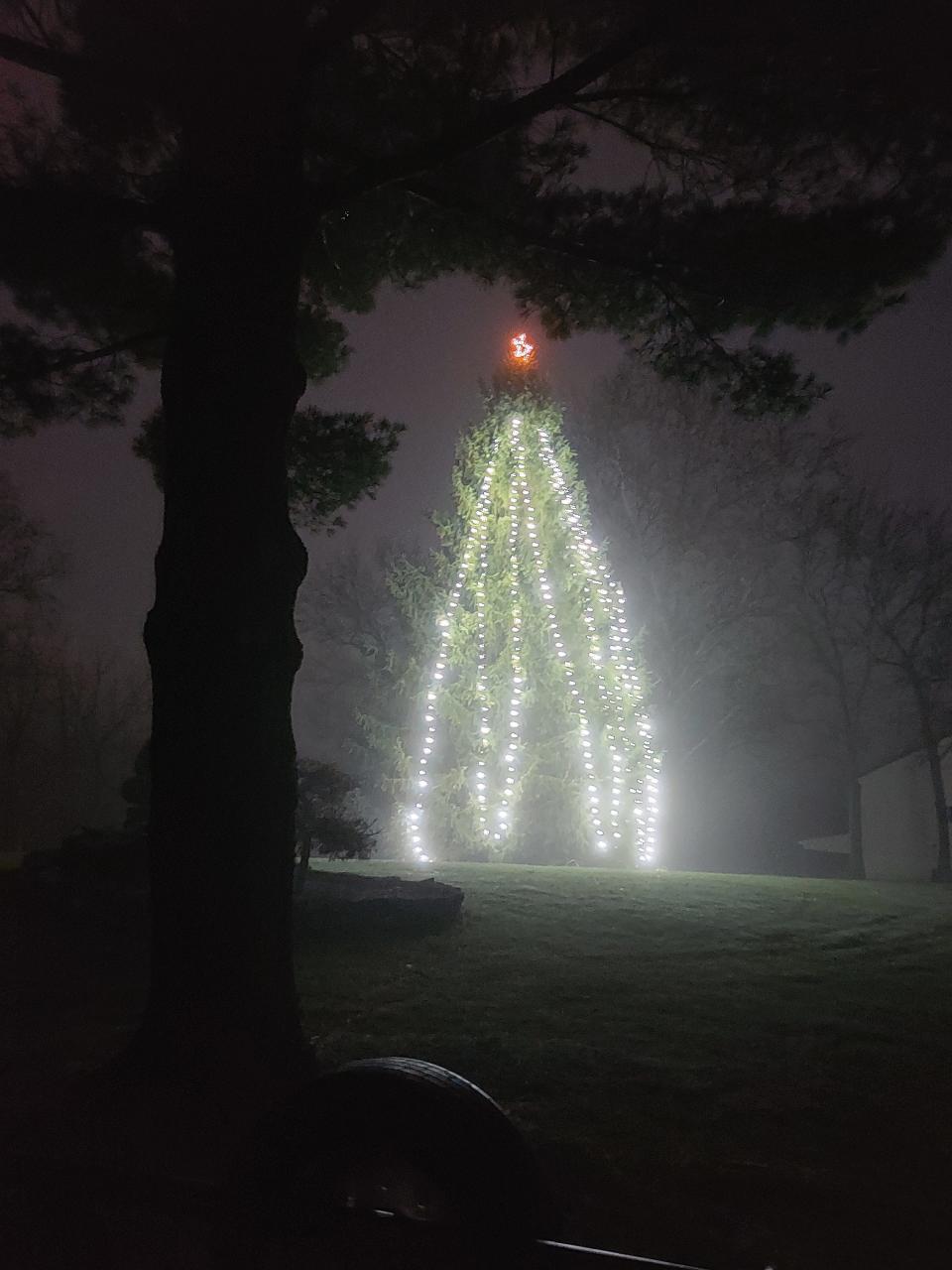 Greg and Karen Raney used a pulley system to raise strands of lights on a Norway spruce at their home on Route 997 near Waynesboro. The couple moved to the area from Texas three years ago and hope the tree that can be seen for miles brings joy to people in their new hometown.