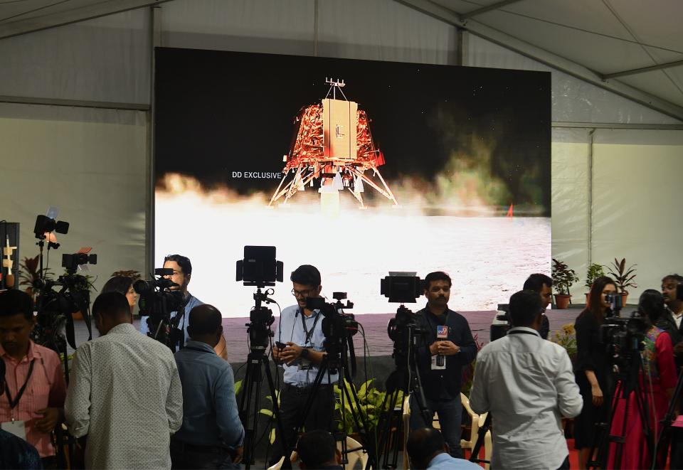 Members of the India media cover the developments at ISRO Telemetry Tracking and Command Network.