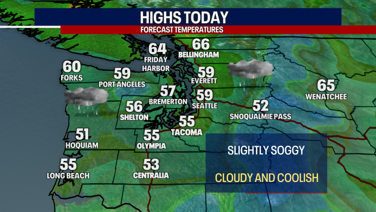<div>Temperatures on Saturday afternoon will reach the mid to upper 50s for most around Western Washington.</div> <strong>(FOX 13 Seattle)</strong>