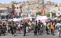 Yemeni Shiite Huthi rebels and supporters take part in a demonstration in the southwestern city of Taez against the Saudi-led military intervention in the country, on March 29, 2015