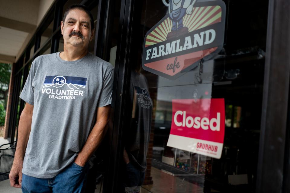 Eric Crilly poses for a portrait outside of the closed Farmland Cafe in Brentwood, Tenn., Tuesday, Oct. 5, 2021. Crilly, who owned Farmland Cafe, blames the lack of an office-based lunch crowd during the coronavirus pandemic for the closure.