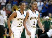 LOUISVILLE, KY - MARCH 15: Zay Jackson #10 and Isaiah Canaan #3 of the Murray State Racers reacts towards teh end of the game against the Colorado State Rams during the second round of the 2012 NCAA Men's Basketball Tournament at KFC YUM! Center on March 15, 2012 in Louisville, Kentucky. (Photo by Andy Lyons/Getty Images)