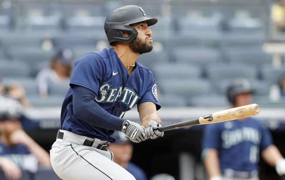 NEW YORK, NEW YORK - AUGUST 08:  Abraham Toro #13 of the Seattle Mariners in action against the New York Yankees at Yankee Stadium on August 08, 2021 in New York City. The Mariners defeated the Yankees 2-0. (Photo by Jim McIsaac/Getty Images)