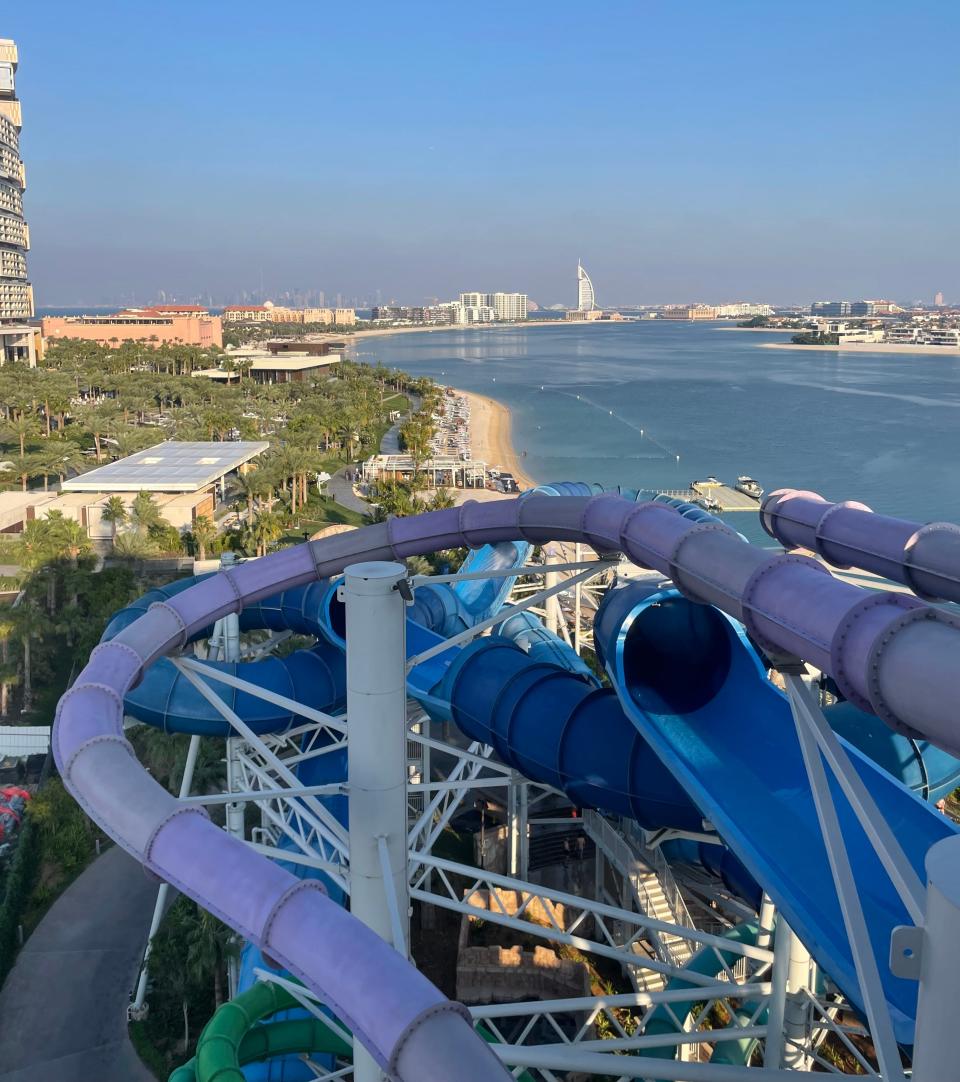 Winding blue and purple water slides