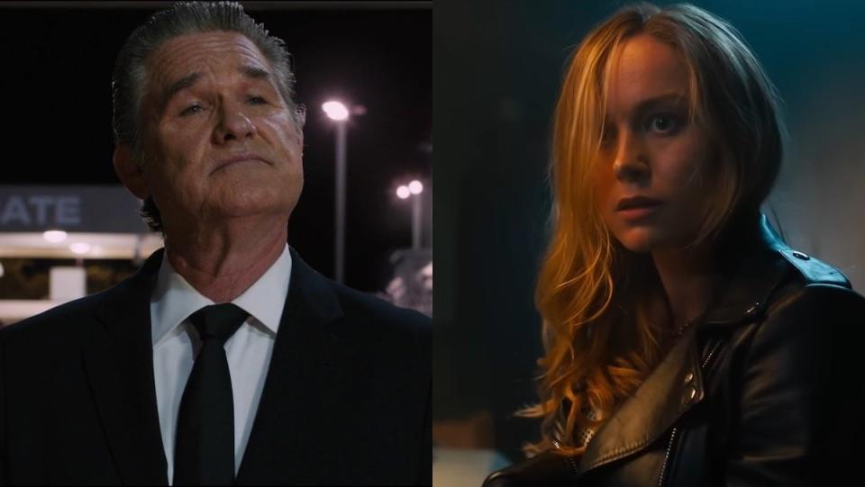 Kurt Russell in a black suit and white shirt looking up split with Brie Larson with her hair covering her eyes in the Fast & Furious franchise