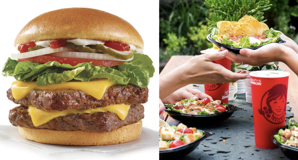 A Wendy&#39;s burger (left) and drinks and salads (right). 