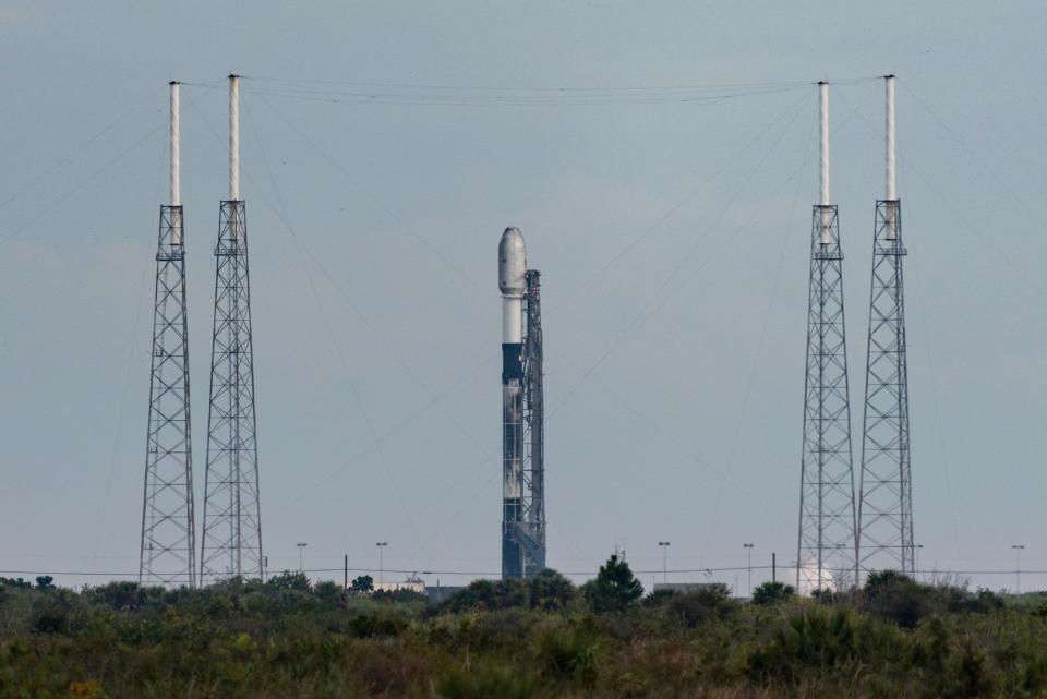 A SpaceX Falcon 9 rocket stands at Cape Canaveral Space Force Station's Launch Complex 40 with the CSG-2 mission on Friday, Jan 28, 2022. The second attempt to launch was scrubbed due to poor weather.