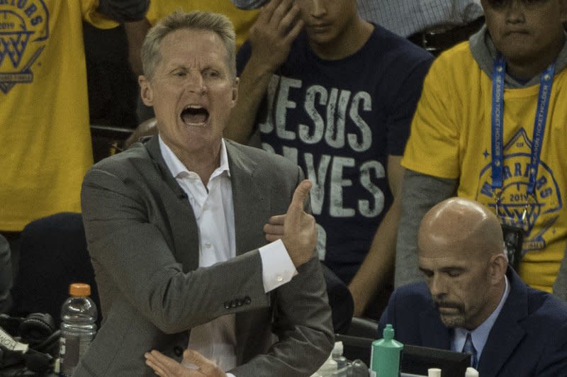 Head coach Steve Kerr and the Golden State Warriors will attempt to move on from a blowout loss to the Boston Celtics on Sunday in Boston. File Photo by Terry Schmitt/UPI