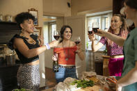 This image released by Netflix shows Grace Bentley-Tsibuah, from left, Laura Marano and Chelsie Preston Crayford in a scene from "The Royal Treatment." (Kirsty Griffin/Netflix via AP)