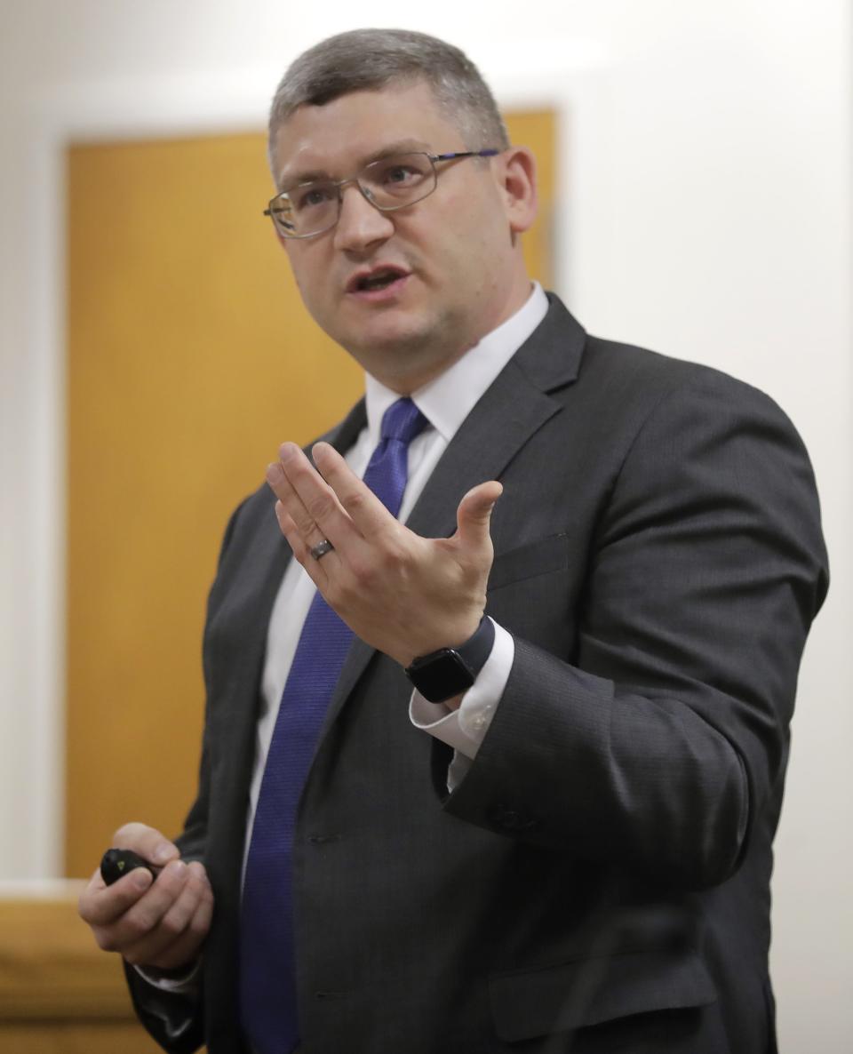 Deputy District Attorney Nicholas Grode delivers a closing statement during the trial of Gene Meyer, 68, who is charged with first-degree murder and first-degree sexual assault with use of a dangerous weapon in Outagamie County Court on Tuesday, May 21, 2024 in Appleton, Wis. Gene Meyer, charged with sexually assaulting and murdering 60-year-old Betty Rolf in 1988. Meyer was arrested in Washington about 34 years later, in 2022, after a 2019 familial DNA search identified him as a suspect. Investigators learned Meyer had at one time lived a mile from where Rolf's body was found in 1988.
Wm. Glasheen USA TODAY NETWORK-Wisconsin
