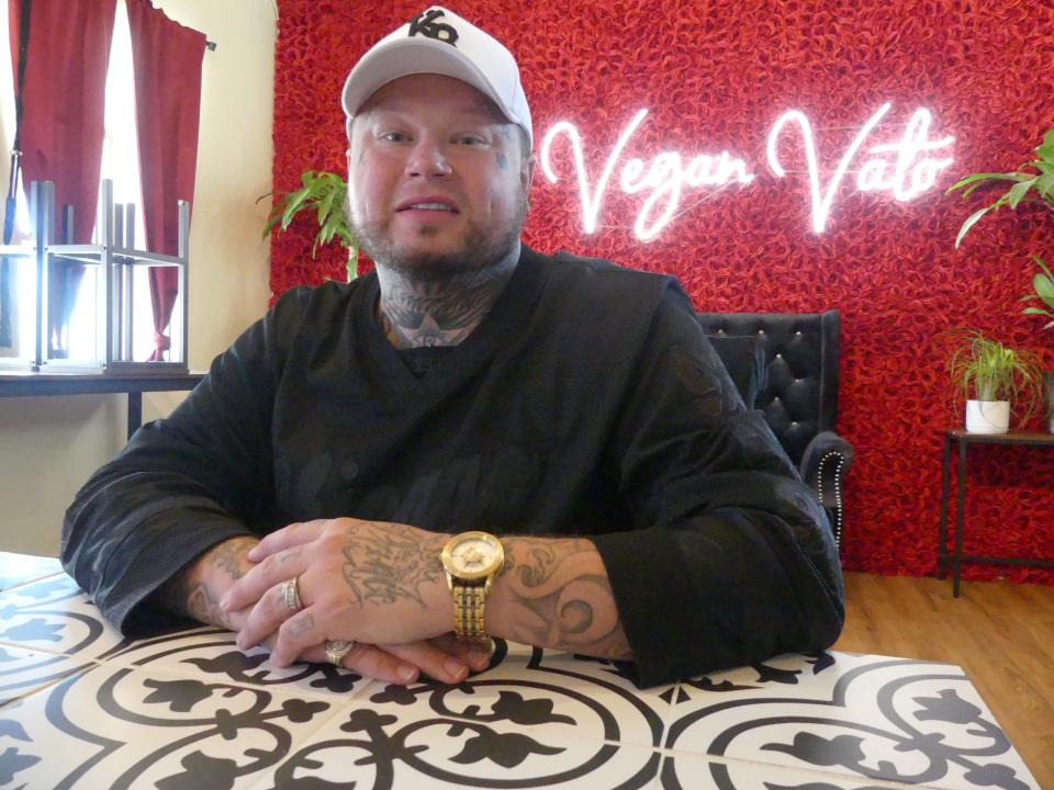 Damion Carlos and his wife, Amber, on Wednesday opened “The Vegan Vato” Mexican restaurant on D Street in downtown Victorville. “We’re still using grandma’s tasty recipes, but with a unique vegan twist,” he said.