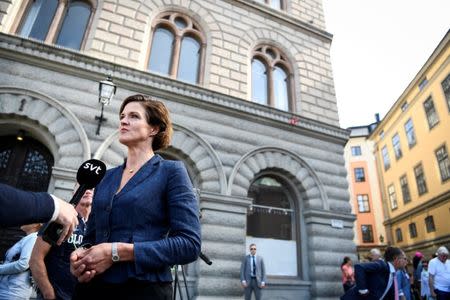 Opposition Moderate Party leader Anna Kinberg Batra comments on the government reshuffle after Prime Minister Stefan Lofven announced the removal of two ministers, in Stockholm, Sweden July 27, 2017. TT News Agency/Erik Simander via REUTERS