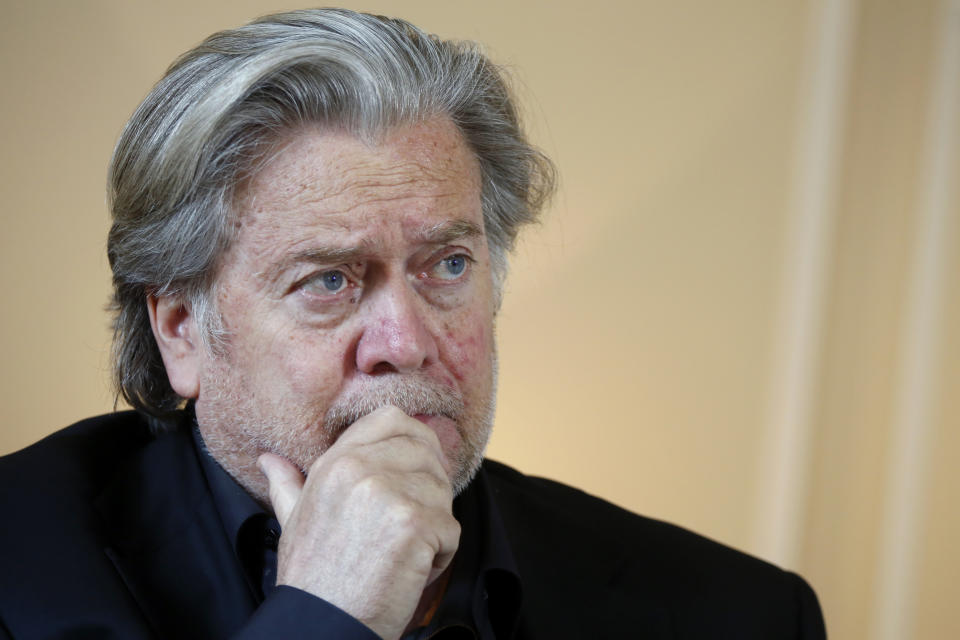 Former White House strategist Steve Bannon poses prior to an interview with The Associated Press, in Paris, Monday, May 27, 2019. Steve Bannon says European integration is "dead in its tracks" after European election wins by nationalist and populist parties in Italy, France and Britain. (AP Photo/Thibault Camus)
