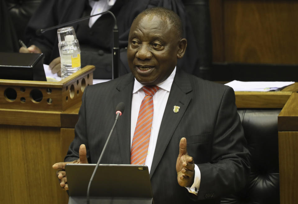 South African President Cyril Ramaphosa delivers his State of the Nation Address in Cape Town, South Africa, Thursday, Feb. 13, 2020. (Sumaya Hisham/Pool Photo via AP)