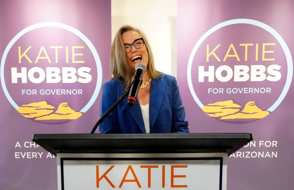 Nov 15, 2022; Phoenix, AZ, USA; Katie Hobbs, Democratic candidate for Arizona governor declares victory in her race at a press conference in Phoenix. Hobbs defeated Republican candidate Kari Lake.