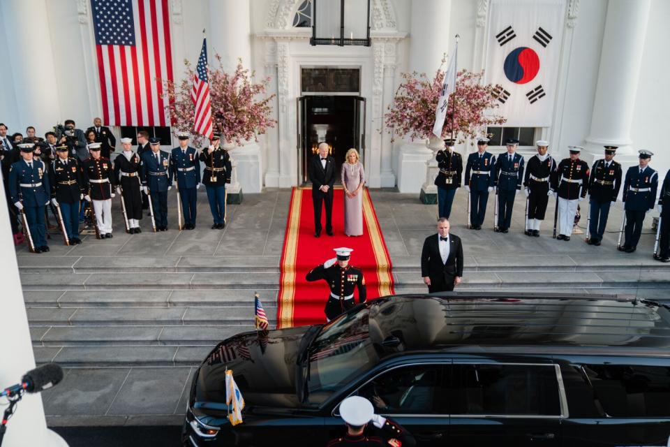 President Biden and First Lady Dr. Jill Biden greet South Korean President Yoon Suk Yeol and First Lady Kim Keon Hee