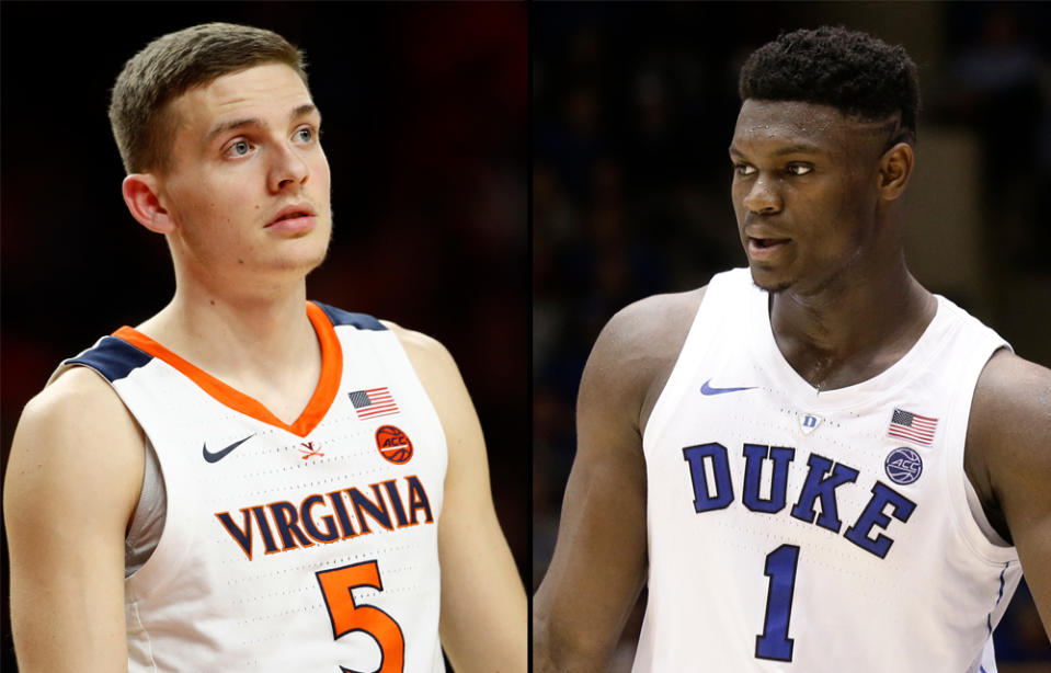 Virginia’s Kyle Guy (L) and Duke’s Zion Williamson will meet at Cameron Indoor Stadium on Saturday. (AP)