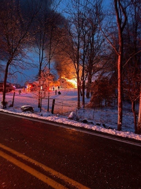 A two-alarm fire at Phoenix Stables at Hickory Hill Farm in Dover on Sunday, March 24, 2024 destroyed two barns and killed two horses and several chicks.