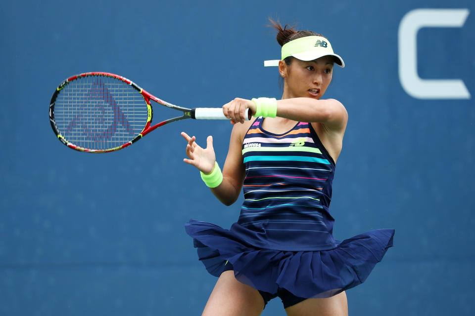 <p>Misaki Doi of Japan returns a shot to Barbora Strycova of Czech Republic during their first round Women’s Singles match on Day Two of the 2017 US Open at the USTA Billie Jean King National Tennis Center on August 29, 2017 in the Flushing neighborhood of the Queens borough of New York City. (Photo by Al Bello/Getty Images) </p>
