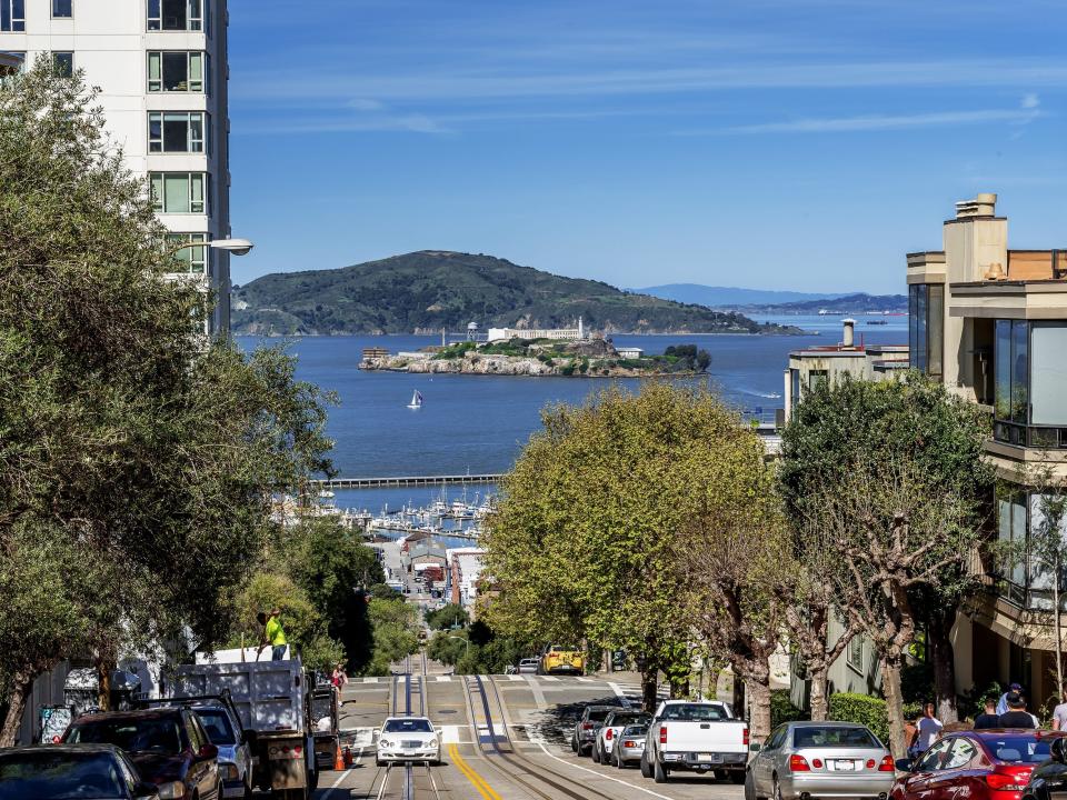 Alcatraz Island photographed from the residential area of Russian Hill and Nob Hill, in the North Beach area of San Francisco, California.