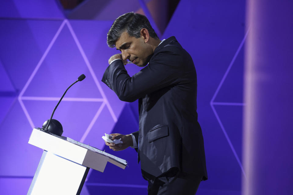 FILE - Britain's Prime Minister Rishi Sunak takes part in the BBC's Prime Ministerial Debate, in Nottingham, England, Wednesday June 26, 2024. The United Kingdom will hold its first national election in almost five years on Thursday, with opinion polls suggesting that Prime Minister Rishi Sunak’s Conservative Party will be punished for failing to deliver on promises made during 14 years in power. (Phil Noble/Pool via AP, File)