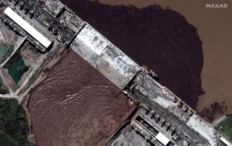 A handout satellite image shows a closeup view of the Grand Ethiopian Renaissance Dam and the Blue Nile River in Ethiopia