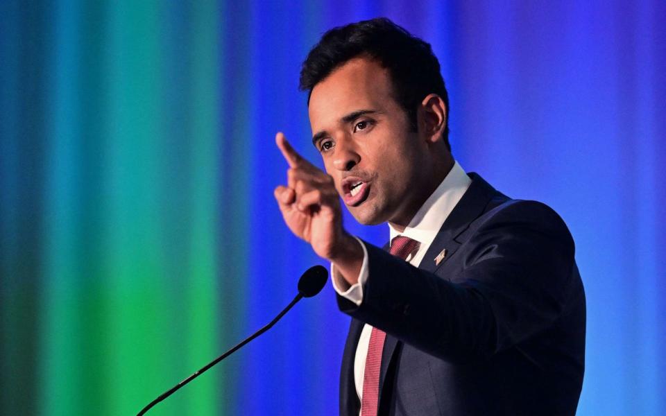 PHOTO: Entrepreneur and 2024 presidential hopeful Vivek Ramaswamy speaks during the California Republican Party (CAGOP) Fall 2023 Convention in Anaheim, Calif., Sept. 30, 2023. (Frederic J. Brown/AFP via Getty Images)