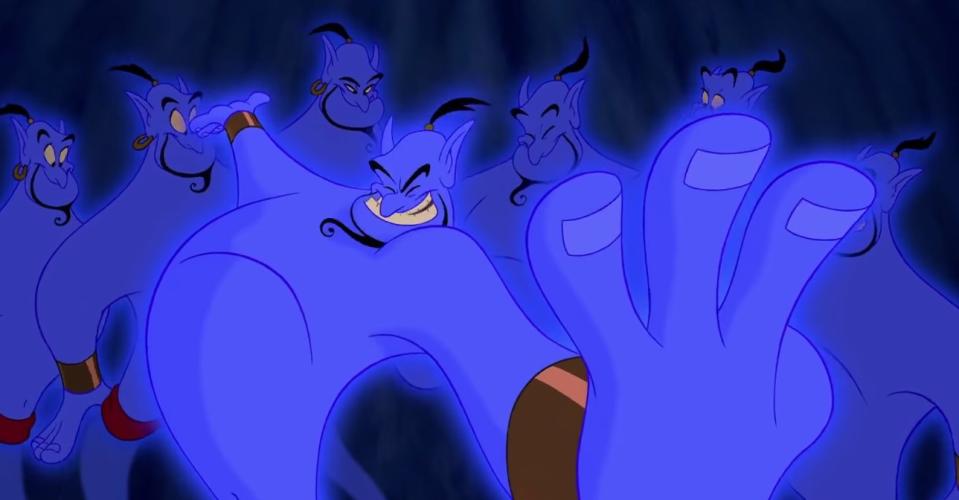 The Genie holds up three fingers while six paler versions of himself stand in the background, smiling