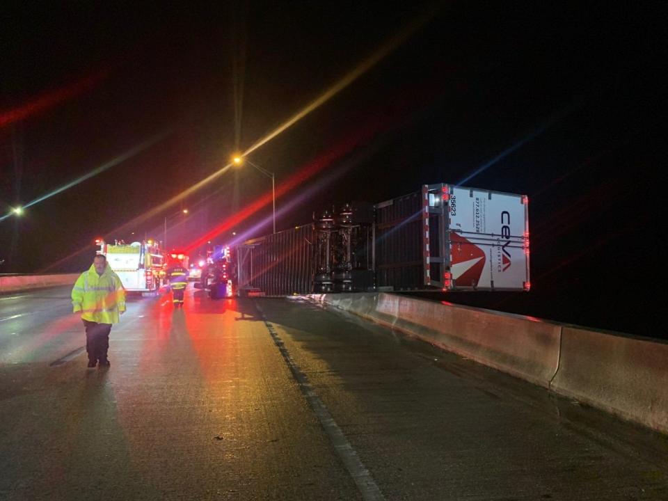 A semitrailer overturned March 31 while crossing the bridge over Escambia Bay. The National Weather Service has since confirmed that an EF1 tornado caused the semi to overturn. The tornado was one of three that touched down in the Pensacola area during a severe weather outbreak March 31.