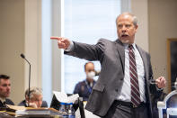 Creighton Waters, a prosecutor for the S.C. Attorney General's office points at Alex Murdaugh in the double murder trial of Alex Murdaugh at the Colleton County Courthouse in Walterboro, S.C., Monday, Jan. 30, 2023. (Andrew J. Whitaker/The Post And Courier via AP, Pool)