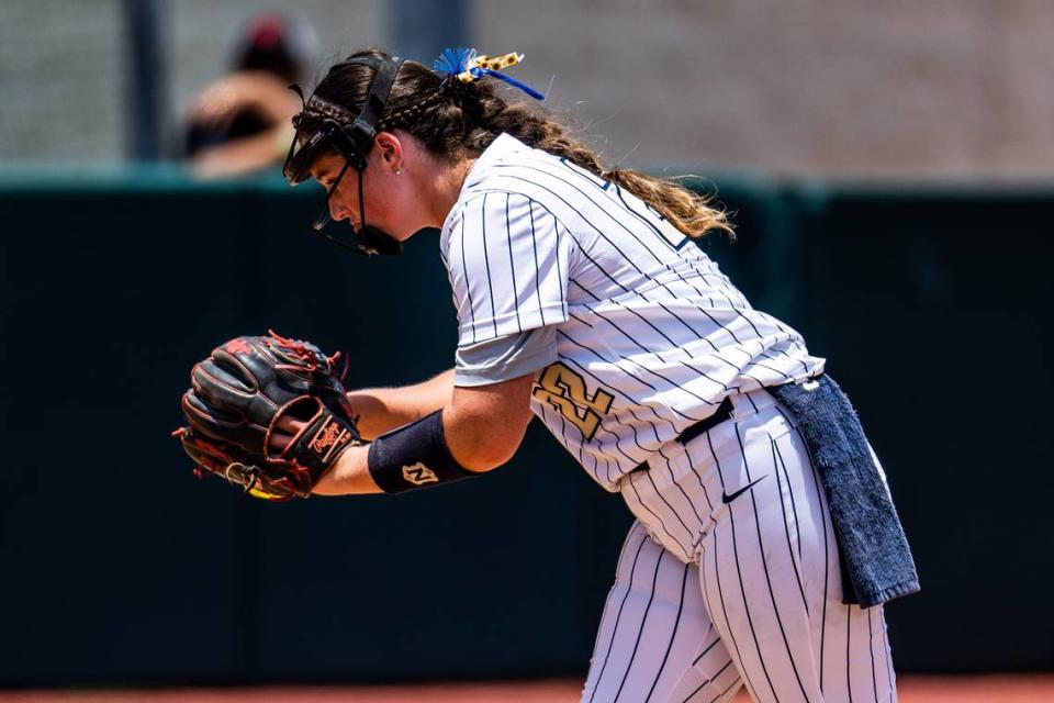 Montgomery Lake Creek pitcher Ava Brown, the Class 5A championship game MVP, gets ready to deliver a pitch against New Braunfels Canyon in the 5A title game on Saturday, June 3, 2023, at McCombs Field in Austin, TX. Matthew Smith