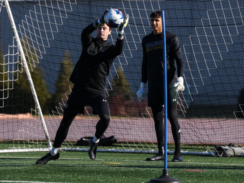 Wisconsin Badger Nate Crockford, who transferred from UCLA, makes a save during the Friday morning session of FC Cincinnati's 2023 goalkeeper combine and coaches clinic.