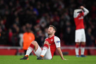 <p>Soccer Football – Europa League Semi Final First Leg – Arsenal vs Atletico Madrid – Emirates Stadium, London, Britain – April 26, 2018 Arsenal’s Shkodran Mustafi reacts after the game REUTERS/Dylan Martinez </p>