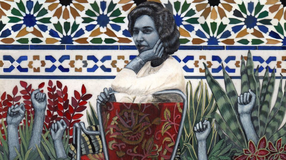 In “Conquest of the Garden,” Sokhanvari's mother can be seen sitting on a chintzy chair in a walled garden decorated in bold Islamic tiles. Fists rise up from the flowerbeds. - Courtesy the artist/Kristin Hjellegjerde Gallery