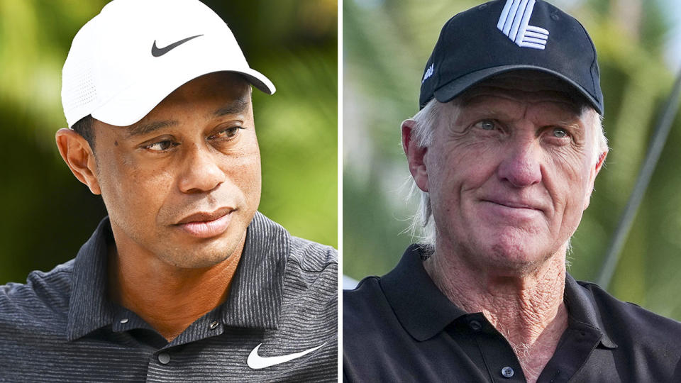 Tiger Woods and Greg Norman are pictured side-by-side.