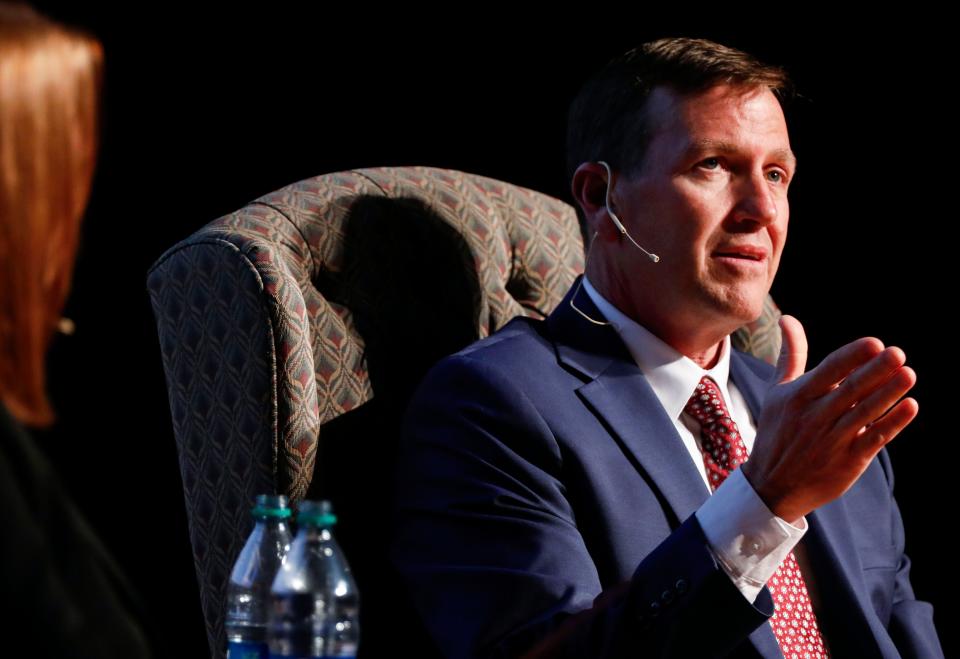 Richard "Biff" Williams, a finalist for the Missouri State University president job, answers questions at a forum in the Plaster Student Union auditorium on Thursday, Feb. 15, 2024.