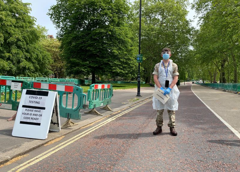 A view of a COVID-19 testing station manned by British military personnel inside London's Hyde Park