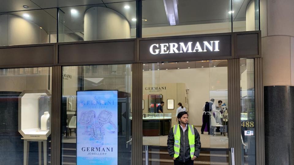 Supplied Editorial A clean up is underway at Germani Jewellery this morning after three\n masked people smashed cabinets and stole precious jewellery overnight.