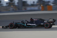 Mercedes driver George Russell of Britain steers his car during the first free practice at the Formula One Bahrain International Circuit in Sakhir, Bahrain, Friday, Dec. 4, 2020. The Bahrain Formula One Grand Prix will take place on Sunday. (Hamad Mohammed, Pool via AP)