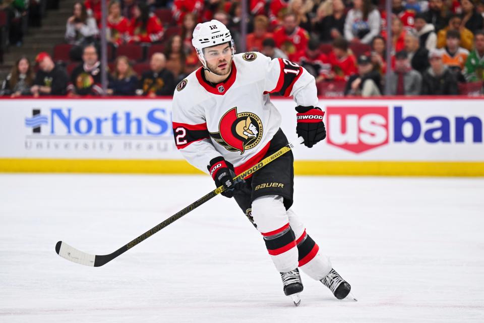 Alex DeBrincat skates for the Ottawa Senators during their March 6 road game against the Chicago Blackhawks. Last weekend, Ottawa traded DeBrincat, a restricted free agent, to the Detroit Red Wings for two players and two picks in the 2024 NHL draft.