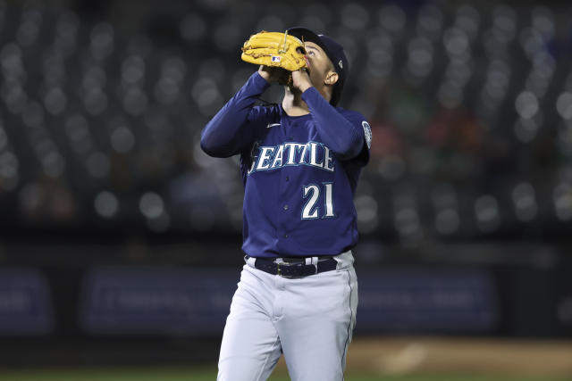 Luis Castillo of the Seattle Mariners reacts after retiring the