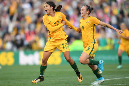 Sam Kerr (L) of Australia celebrates her goal with Caitlin Foord during the first match of the two-match International Series between Australia's Matildas and Brazil in Sydney, Australia, September 16, 2017. Picture taken September 16, 2017. AAP/Dean Lewins/via REUTERS.