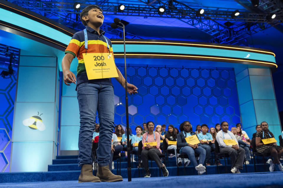 Jashit Verma, 9, of Germantown, Tenn., who also goes by the name Josh, reacts after spelling his word correctly during competition in the Scripps National Spelling Bee, in Oxon Hill, Md., Tuesday, May 28, 2024. (AP Photo/Jacquelyn Martin)