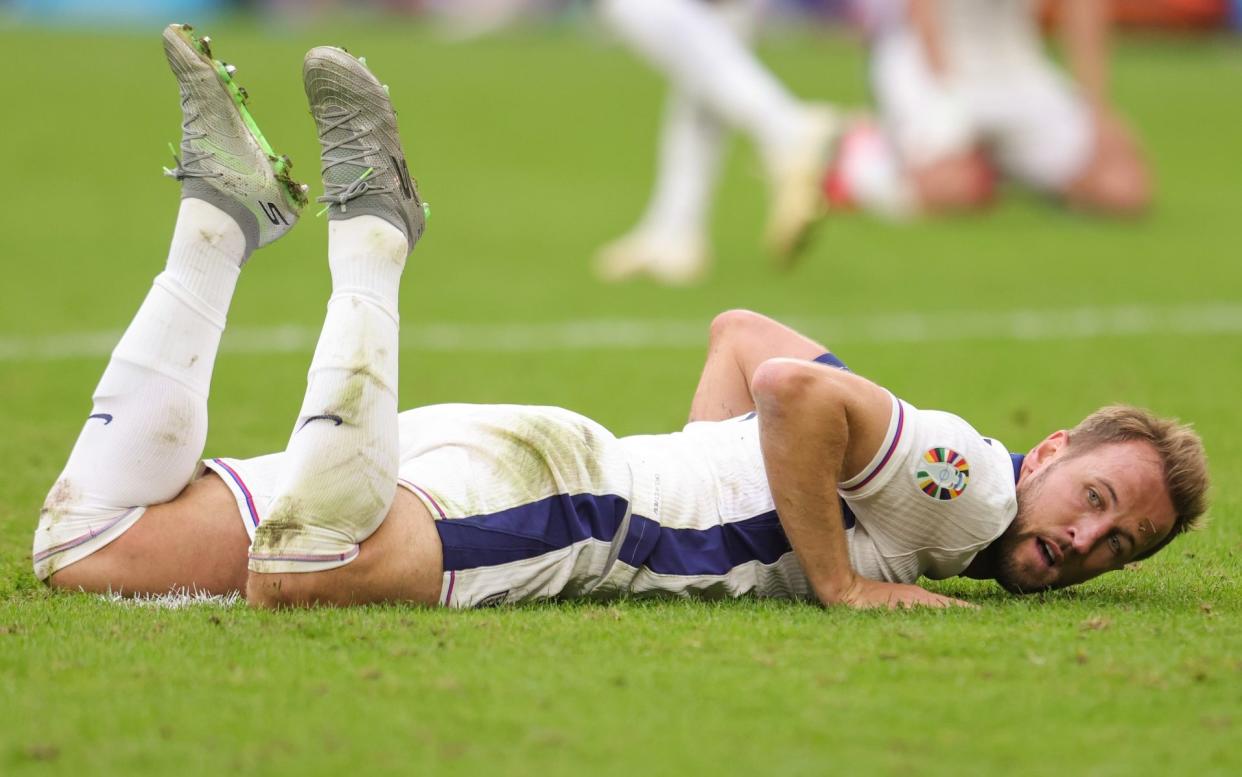 Harry Kane of England disappointed on the ground during the UEFA EURO 2024 round of 16 match between England and Slovakia at Arena AufSchalke on June 30, 2024 in Gelsenkirchen, Germany