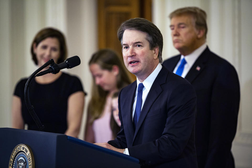 Kavanaugh speaks after being nominated for the Supreme Court with President Trump; Kavanaugh’s wife, Ashley Estes Kavanaugh; and daughters Margaret and Liza standing by. (Photo: Al Drago/Bloomberg via Getty Images)
