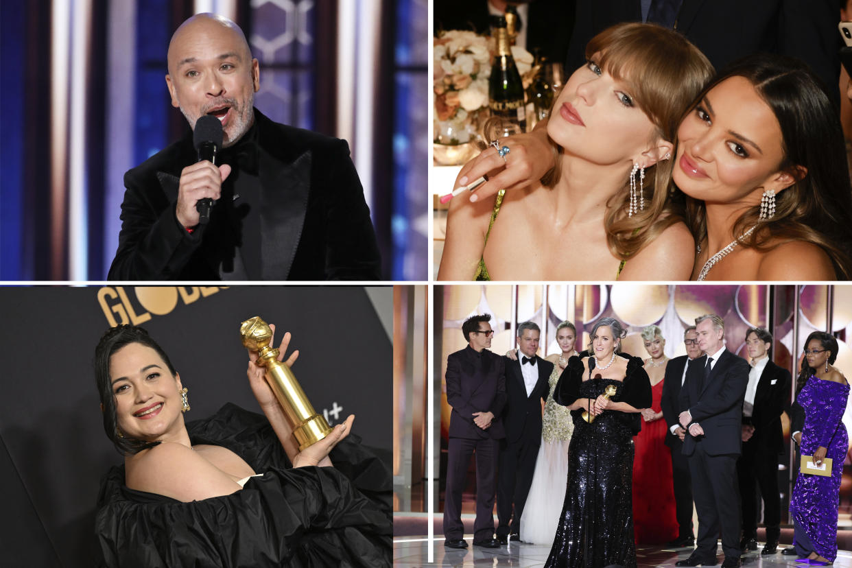 Jo Koy, Taylor Swift with Keleigh Teller, the cast of 'Oppenheimer' and Lily Gladstone in images from the 81st annual Golden Globe Awards.