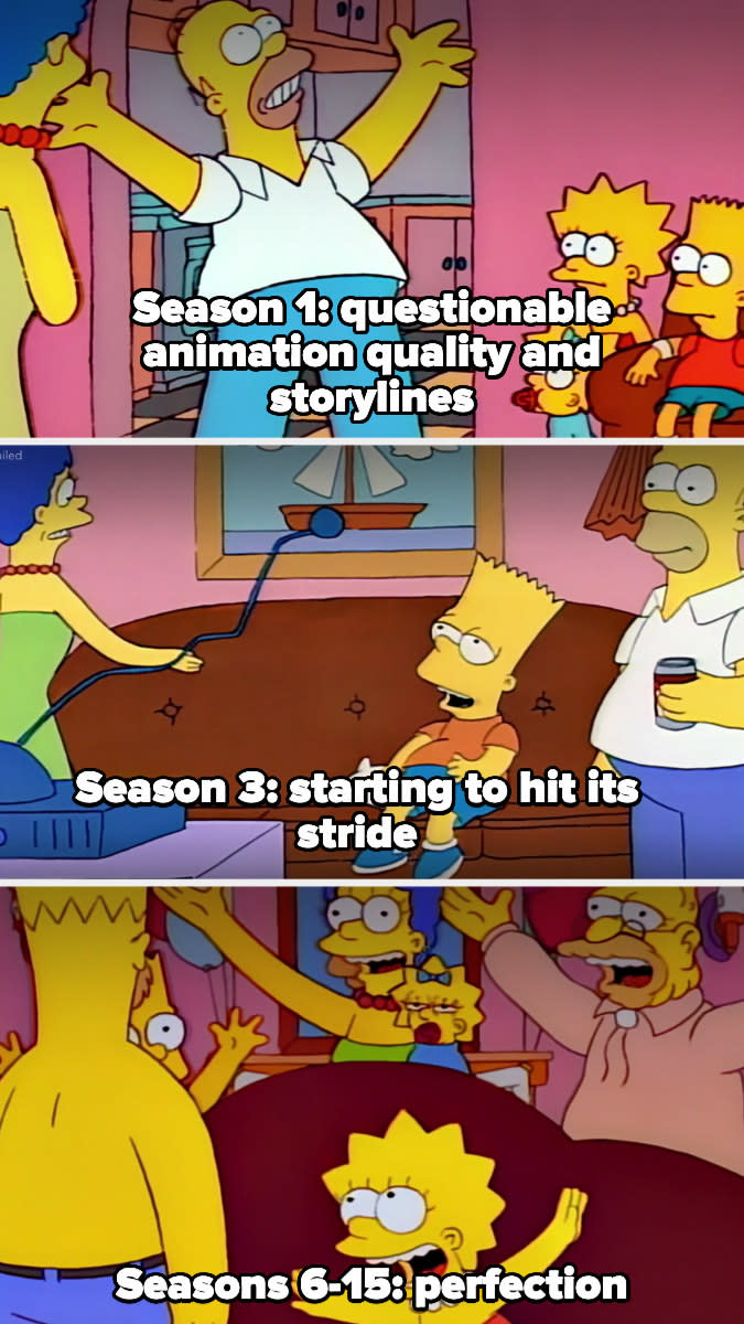 simpsons season 1 labeled "questionable animation and storylines," season 3 labeled "starting to hit its stride," and seasons 6-15 labeled "perfection"