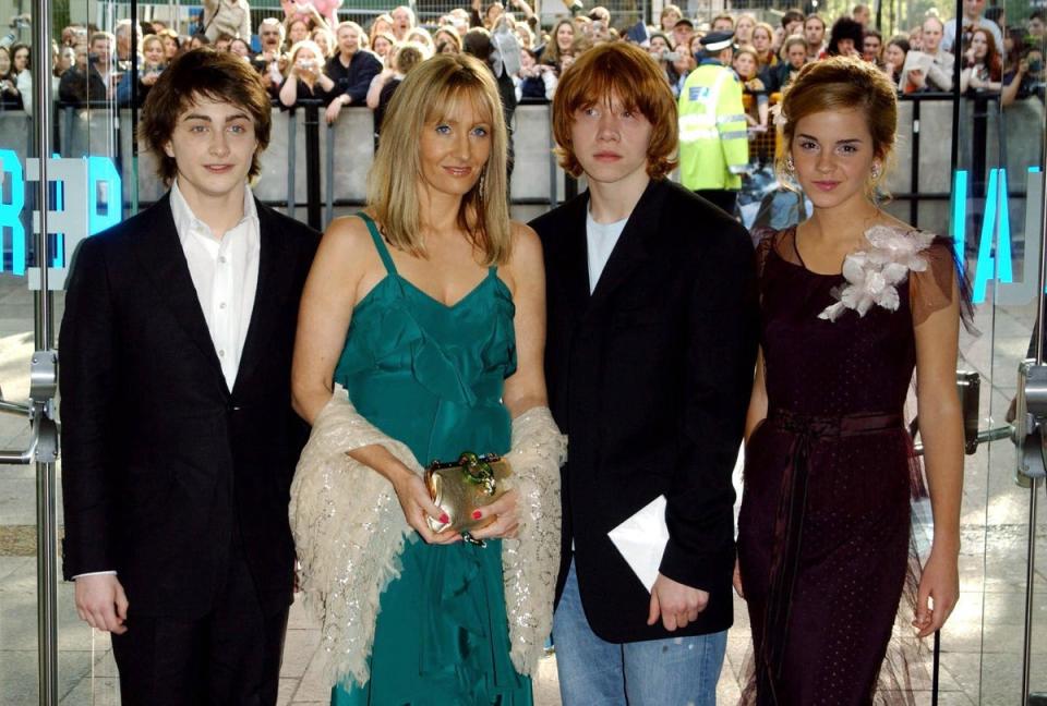 JK Rowling with Daniel Radcliffe, Rupert Grint and Emma Watson at the UK premiere of Harry Potter and the Prisoner of Azkaban (PA)