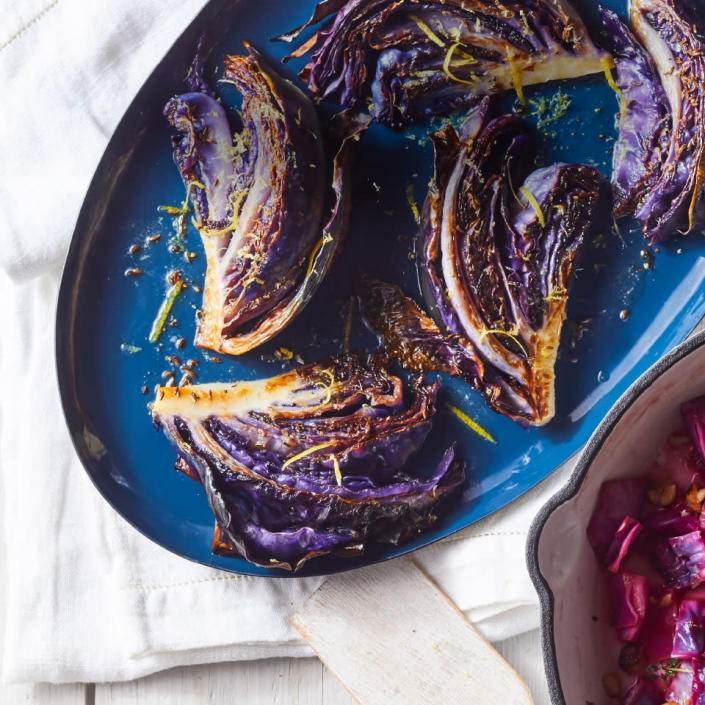 <p>Roasting brings out the sweetness of cabbage in this healthy side dish recipe that tastes super-luxurious thanks to the melted butter on top. <a href="https://www.eatingwell.com/recipe/269779/roasted-red-cabbage-with-caraway-butter/" rel="nofollow noopener" target="_blank" data-ylk="slk:View Recipe" class="link ">View Recipe</a></p>