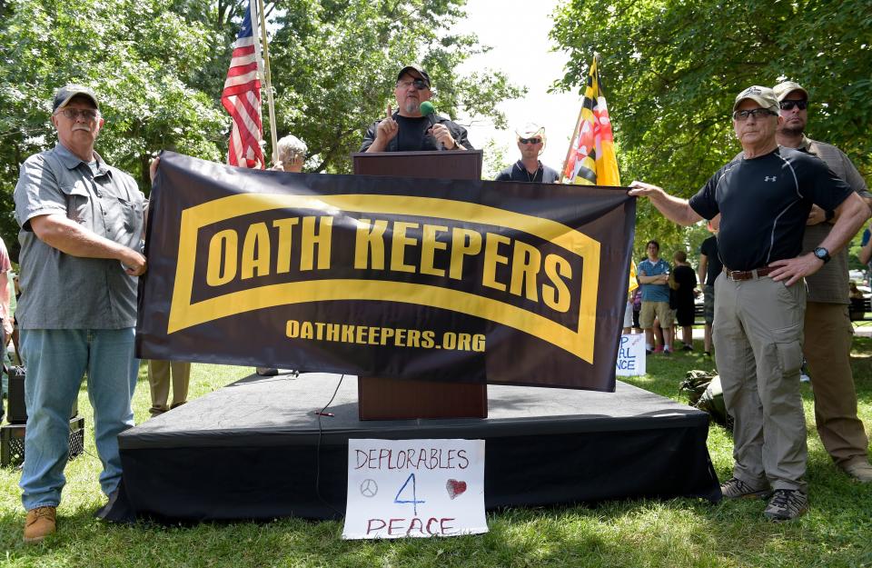 Stewart Rhodes, founder of the citizen militia group known as the Oath Keepers, center, speaks during a rally outside the White House in Washington, on June 25, 2017. The trial of Rhodes and four associates charged with seditious conspiracy in the attack on the U.S. Capitol is set to begin next week.